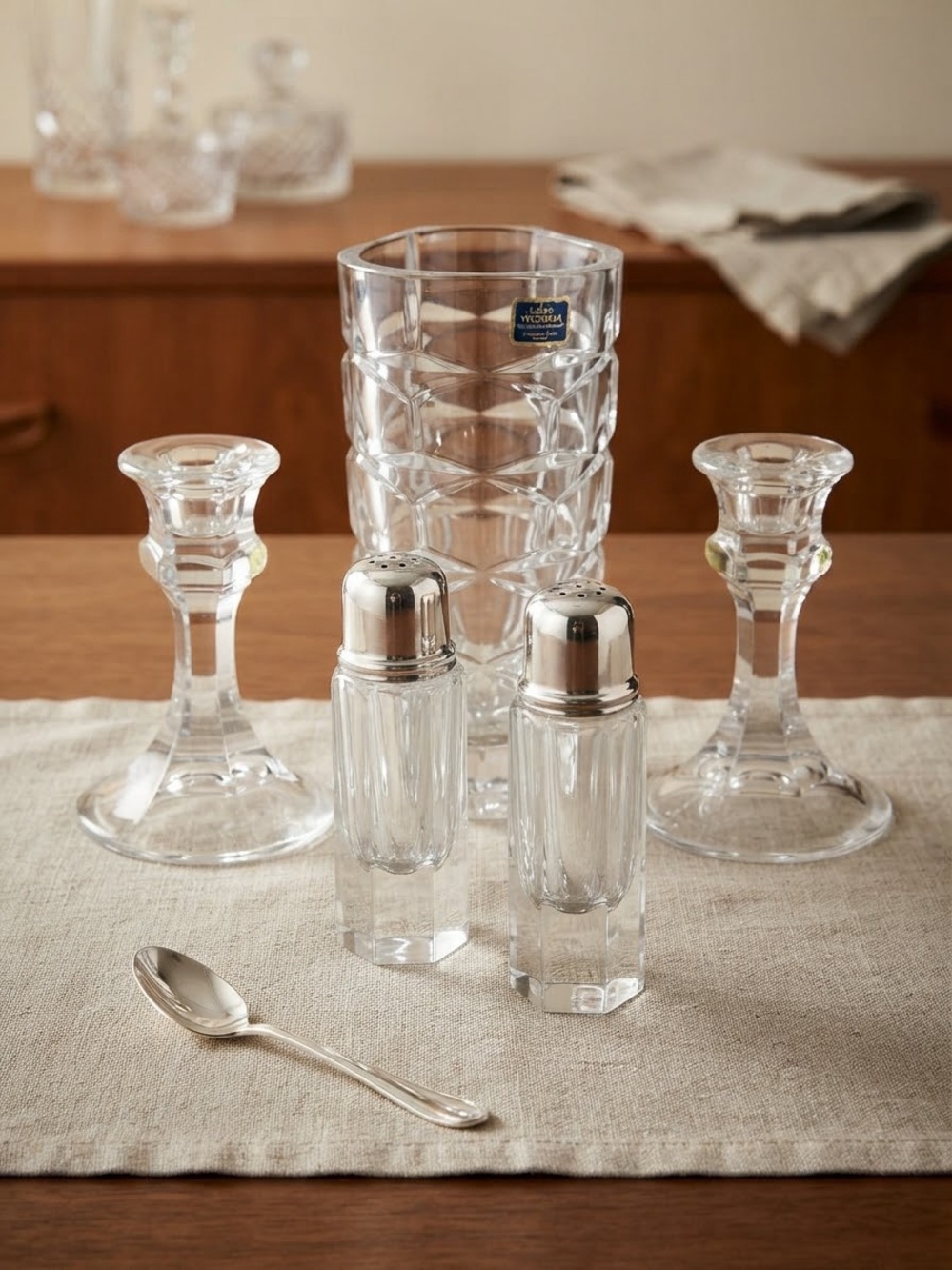 Crystal Vase, Candlesticks & Salt/Pepper Shakers Set